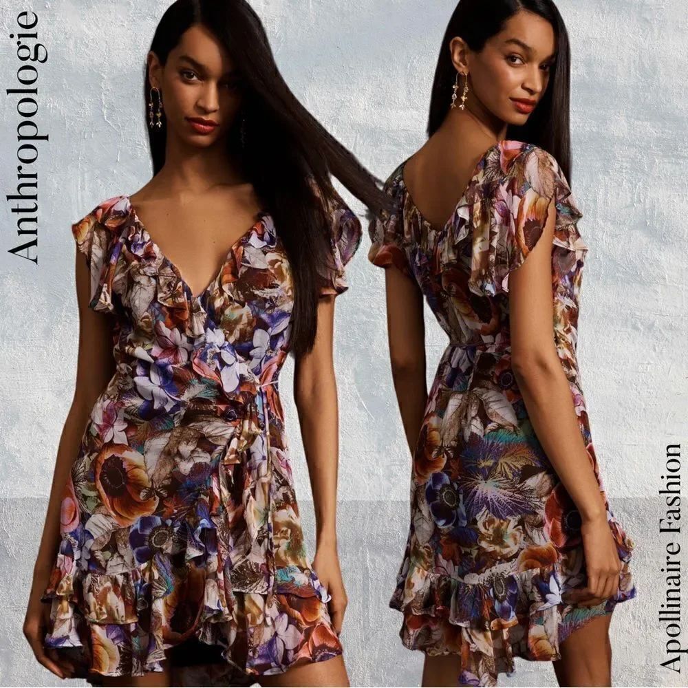ANTHROPOLOGIE FLORAL RUFFLED WRAP MINI DRESS IN XL NWOT